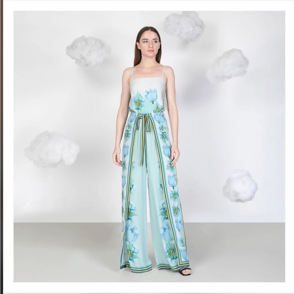 Anthropologie Sky Blue Floral Wide-Leg Jumpsuit